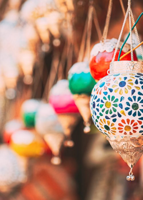 India. Market With Many Traditional Colorful Handmade Indian Lamps And Lanterns. Lanterns Hanging In Shop For Sale. Popular Souvenirs From India.